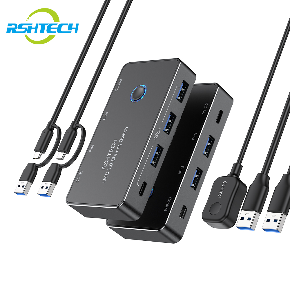 RSHTECH USB C KVM スイッチャー コントローラー付き 2 コンピューター共有 4 USB 3.0 ポート 5Gbps スイッチセレクター キーボード/マウス/フラッシュドライブ用