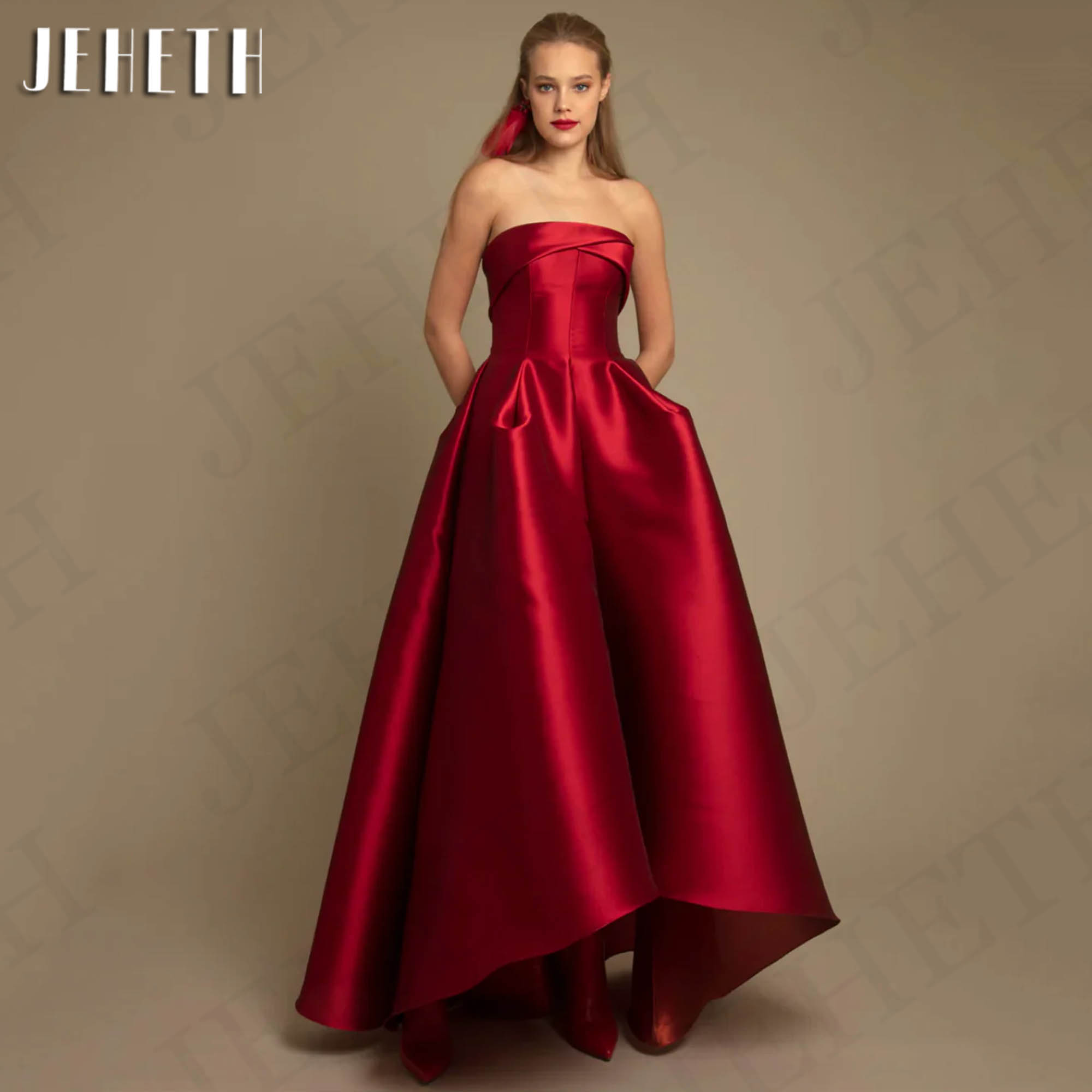 JEHETH Burgundy High Low Evening Prom Dresses Strapless A Line Satin Party Dress فساتين سهرة Sleeveless Women Simple Customized