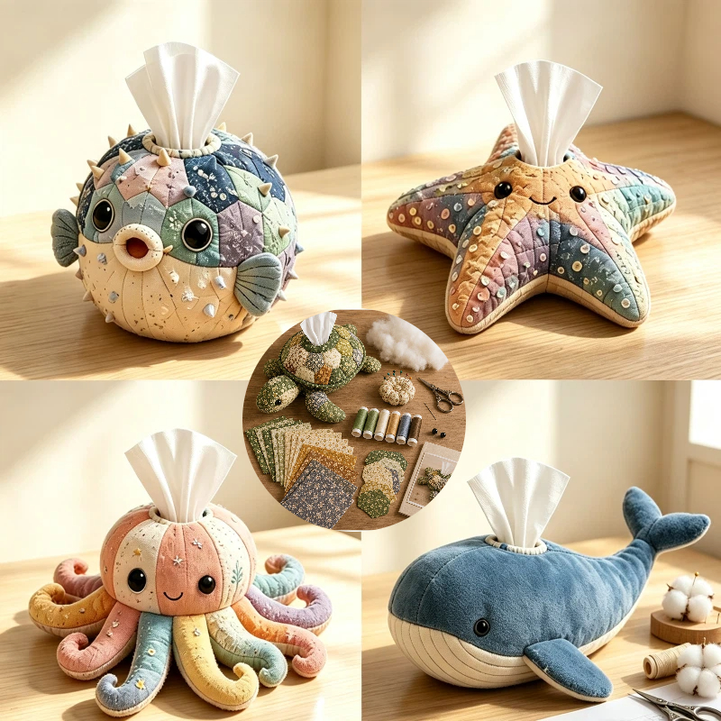 海の生き物フグヒトデタコパッチワークティッシュボックス Diy パックプレカット布糸手作りナプキンカバー装飾ギフト用品