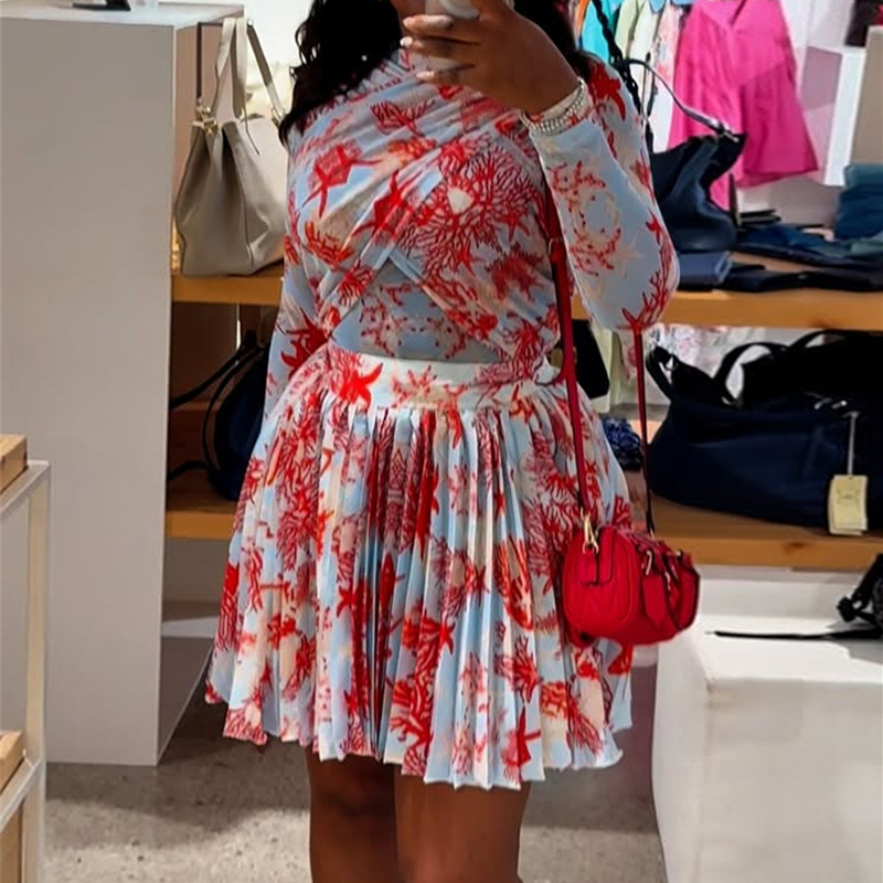 新しいアフリカのファッション女性ドレスセットリーフプリント長袖 O ネックラップフロントプリーツドレス休暇パーティー誕生日ドレス