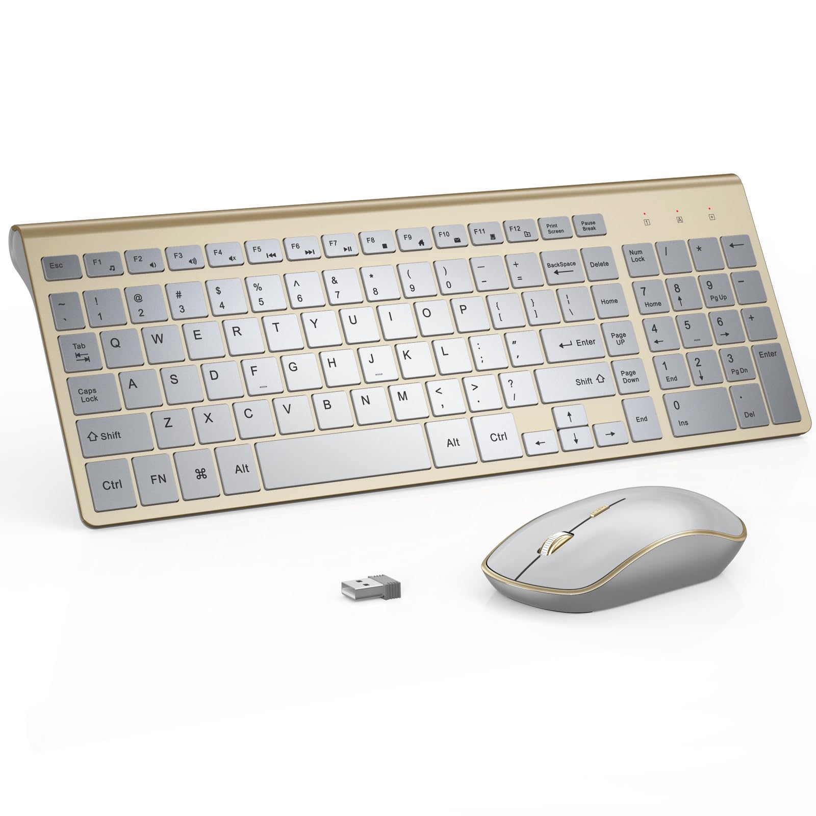 ワイヤレスキーボードとマウスのコンボ、人間工学に基づいた静かなワイヤレスキーボードマウスセット、ラップトップ用ポータブルキーボード-ゴールドシルバー