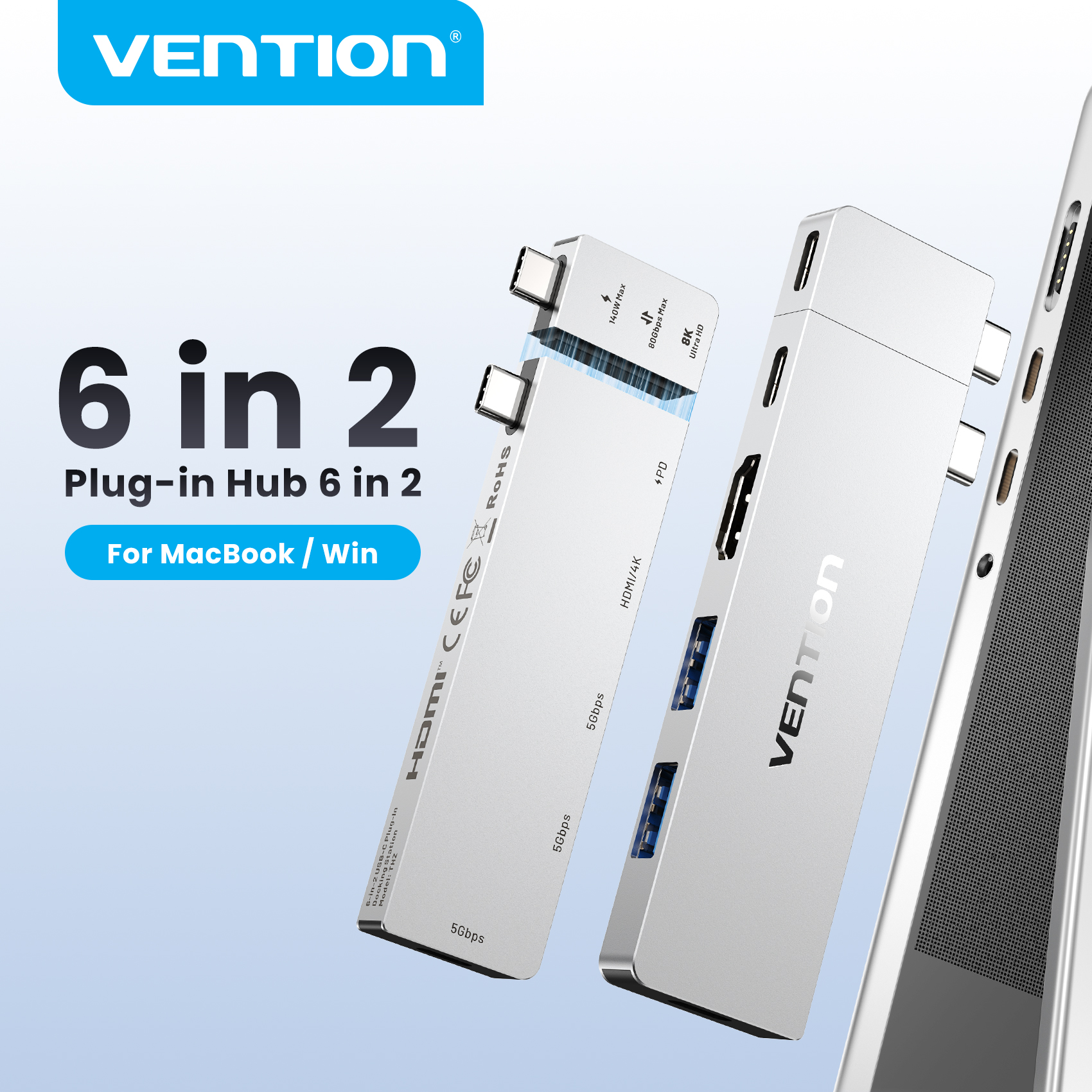 Vention USB C プラグインハブ 6 in 2 Thunderbolt 4 80Gbps 8K ドックステーション MacBook Pro Air USB 3.0 ハブ HDMI 4K60Hz Win ラップトップ用