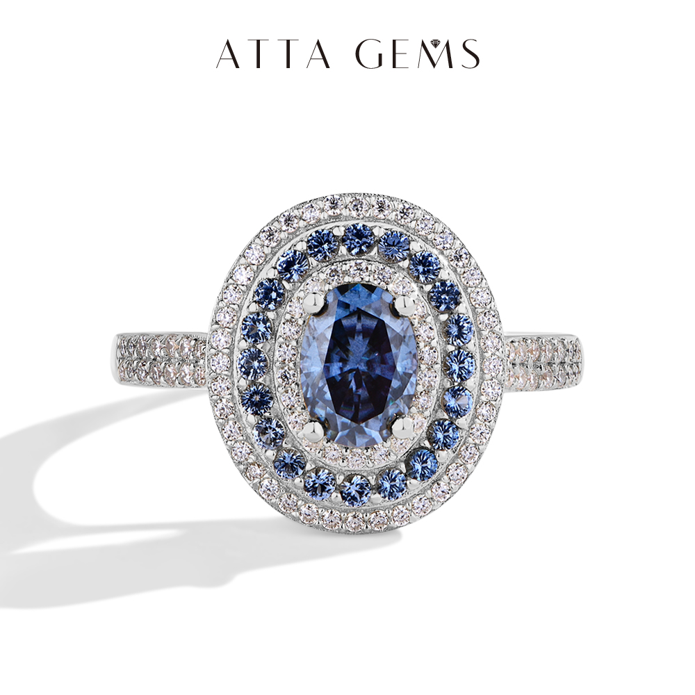 ATTAGEMS ブルーモアッサナイト女性リングオーバルカット 1.0CT リアル S925 スターリングシルバージュエリー結婚式婚約指輪と認定