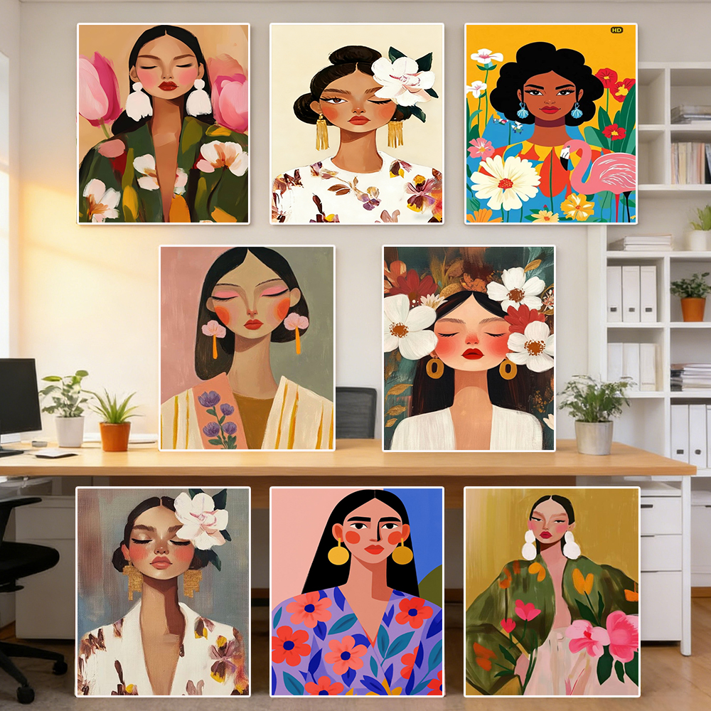 モダンなミニマリストの花の女性の肖像画キャンバス絵画抽象的なカラフルな女性アートポスターと花のイヤリングボヘミアン装飾