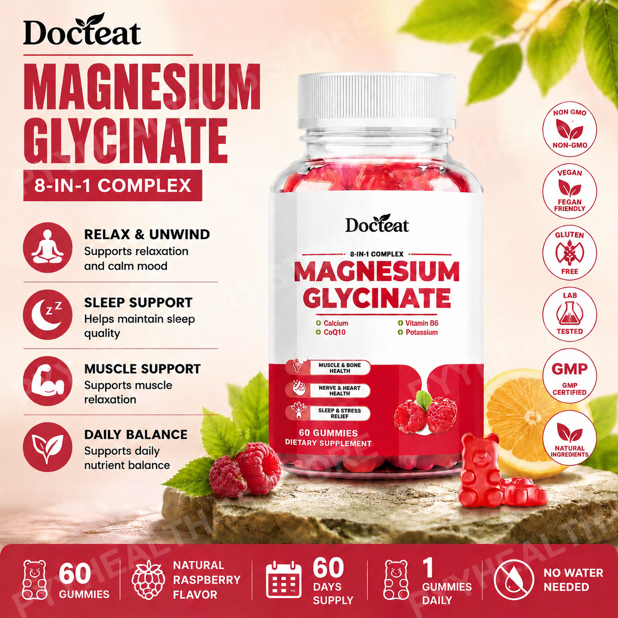 Docteat マグネシウムグリシネートグミ 60ct L-テアニン GABA グリシン CoQ10 ビタミン B6 デイリーウェルネス ラズベリー味