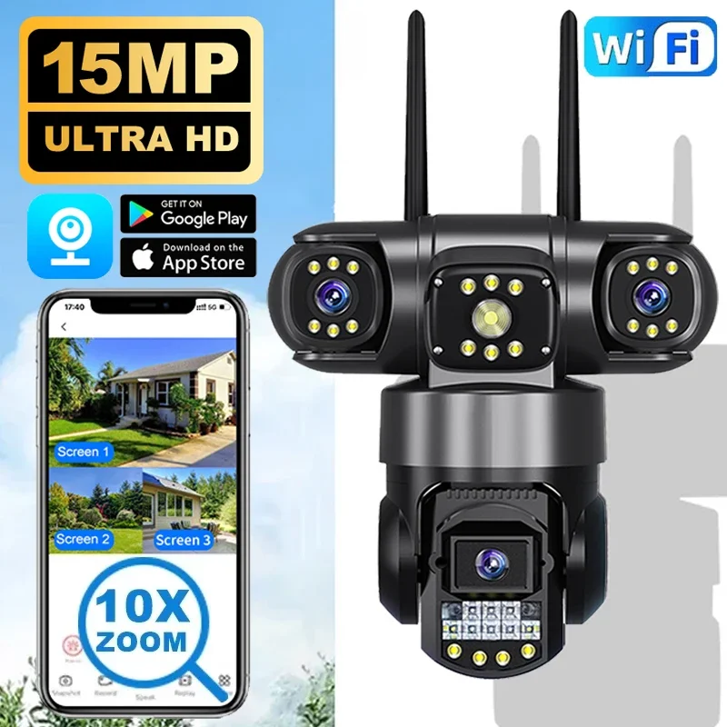 15MP 8K HD バッテリー CCTV モニター 3 スクリーン 3 レンズ WIFI カメラソーラー PIR 人間検出ナイトビジョンセキュリティビデオ IP カマラ V380
