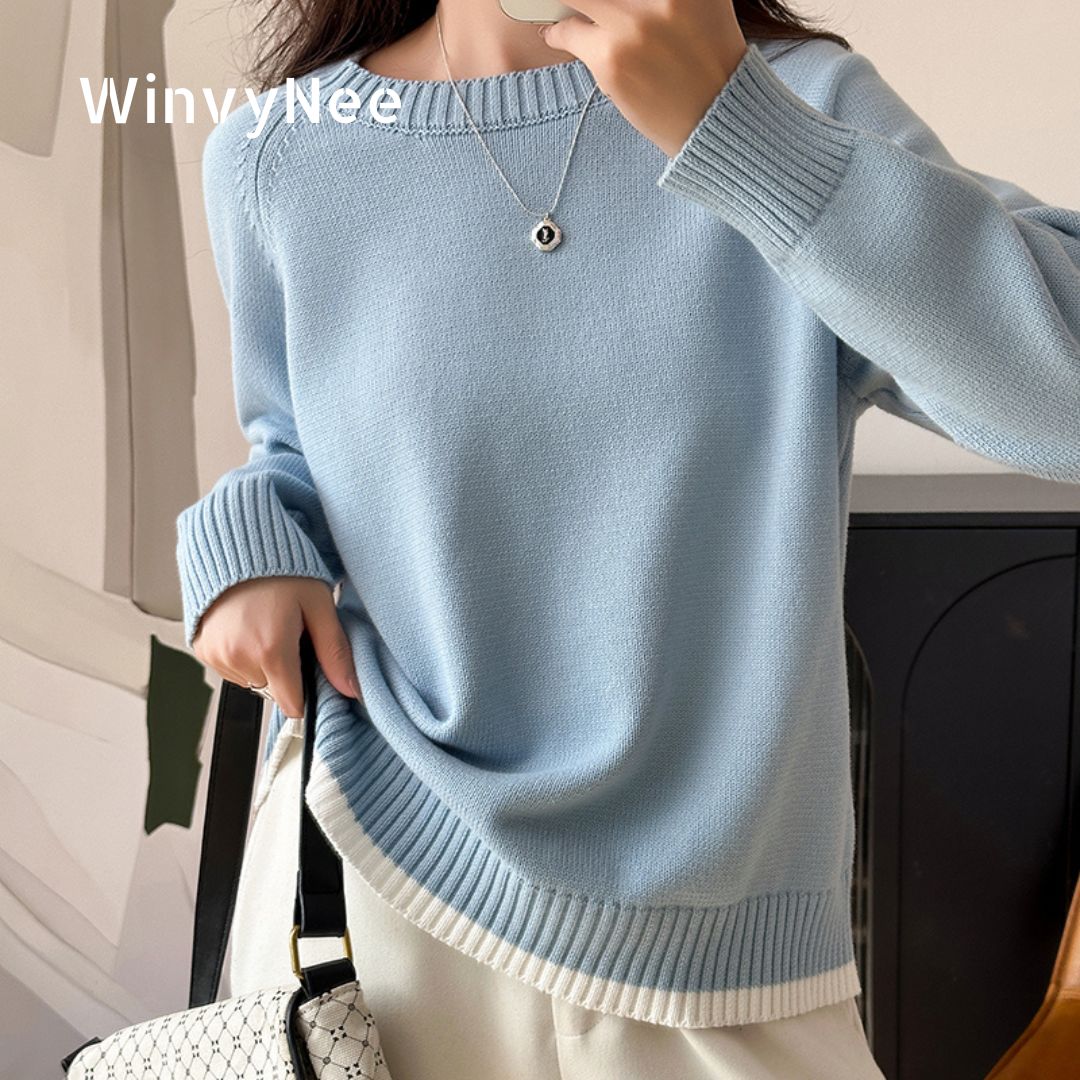 WinvyNee 婦人服綿 100% 肥厚 O ネック裾トリム長袖プルオーバーベーシックトップス着用ファッションレディース ZA1002016