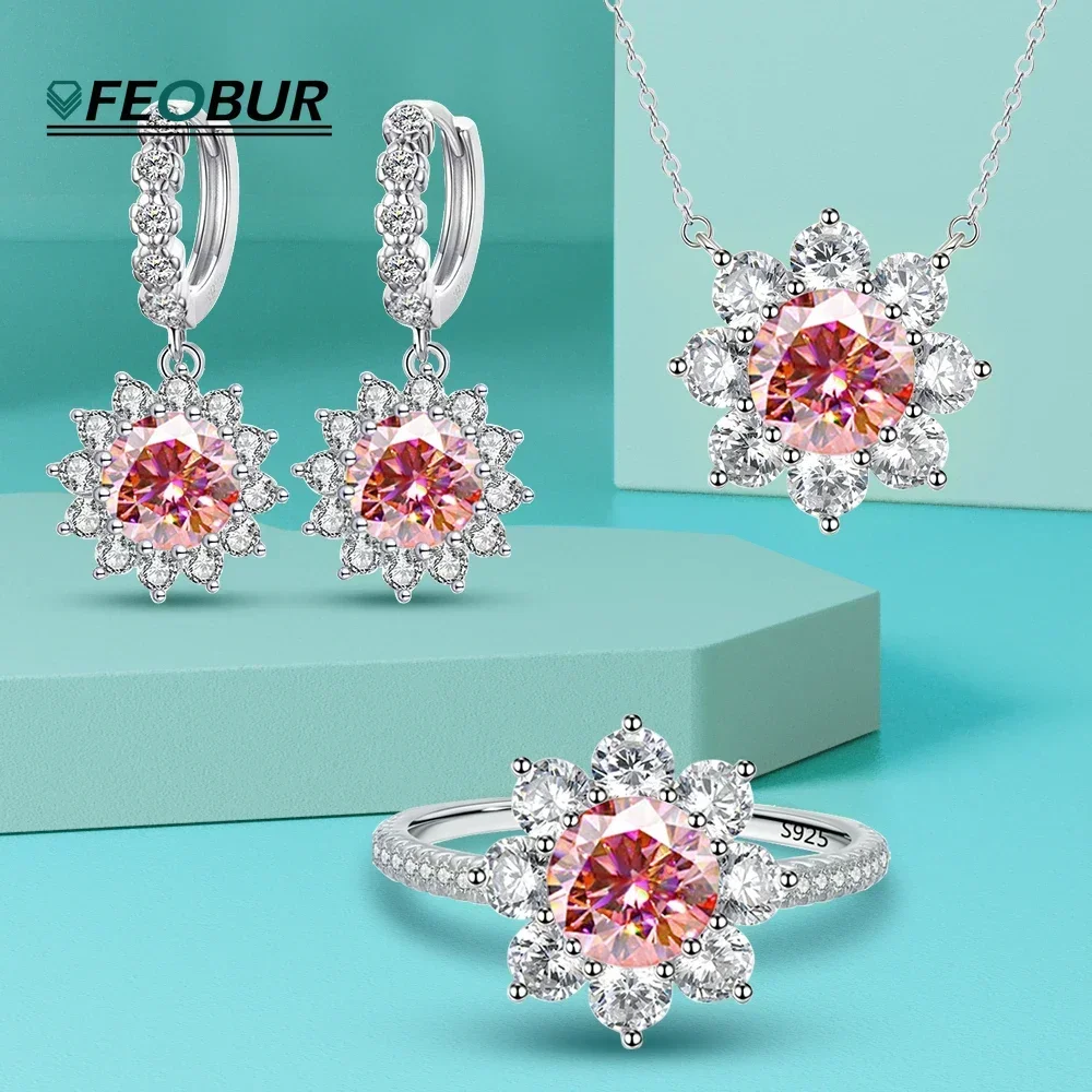 4ct ヒマワリ モアッサナイト ジュエリーセット 女性用 925 スターリングシルバー レッド宝石 ダイヤモンド ネックレス イヤリング セット ウェディング ブライダル ギフト
