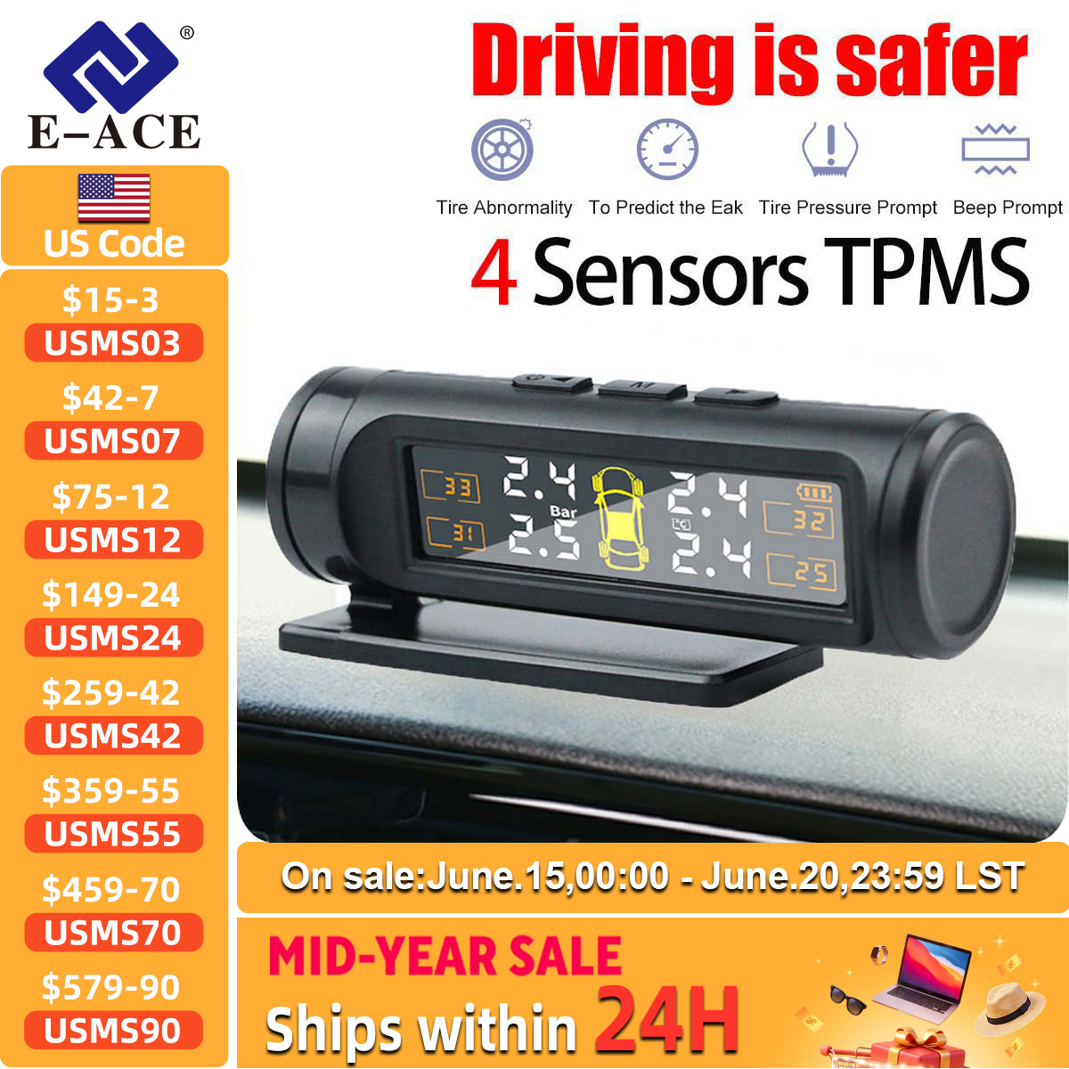 TPMS セキュリティアラーム タイヤの空気圧と温度の表示 リアルタイム監視 簡単な取り付け タイヤ空気圧監視システム