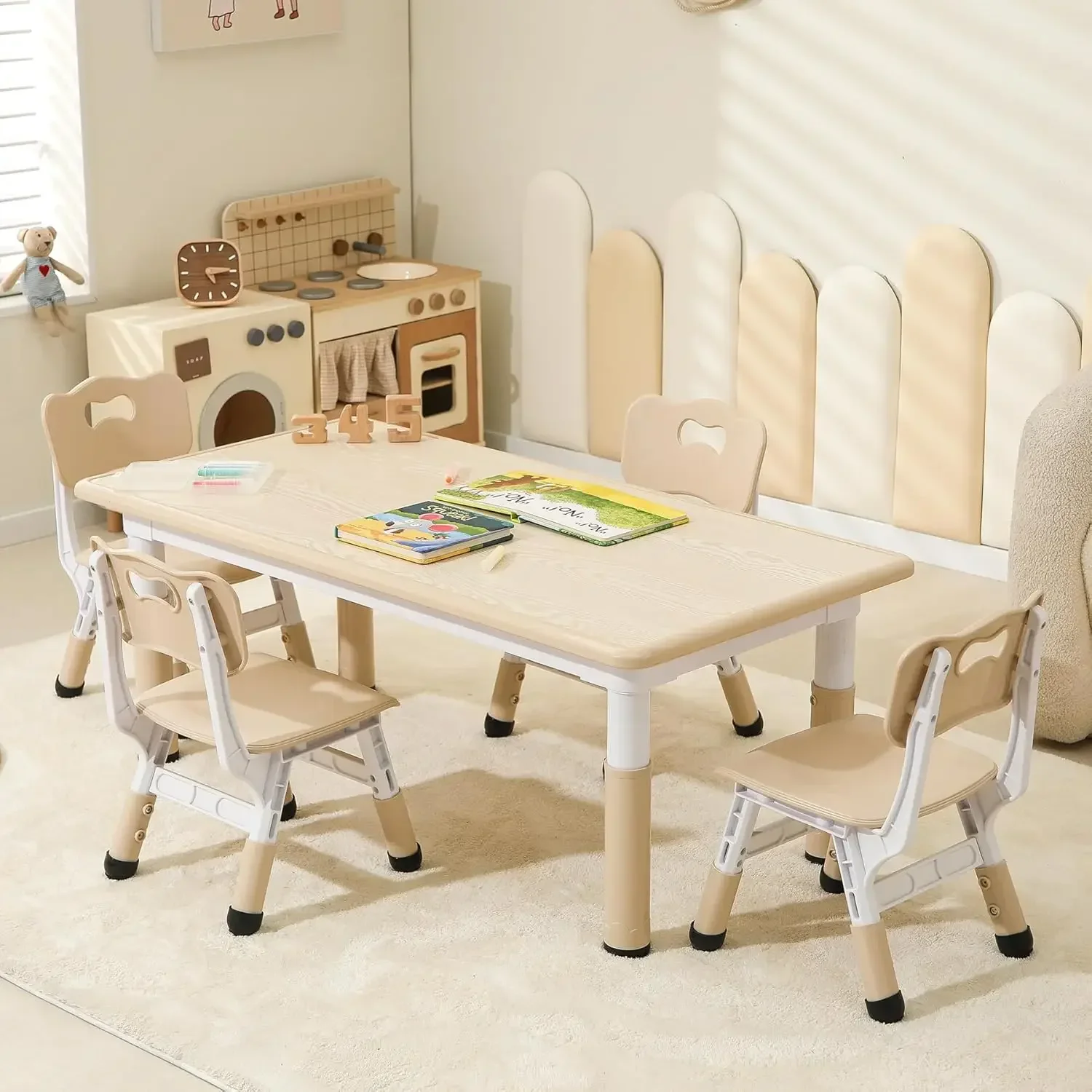キッズテーブルと椅子4脚セット、高さ調節可能な幼児用テーブルと椅子セット、落書きデスクトップ子供用アクティビティテーブル、2歳用