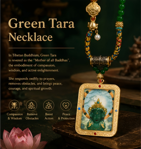 聖なる緑のドゥモのタンカネックレス　チベット仏教のジュエリー　金属製　エスニックスタイル　四季を通じて着用可能　障害を取り除き、平和を祈願するために