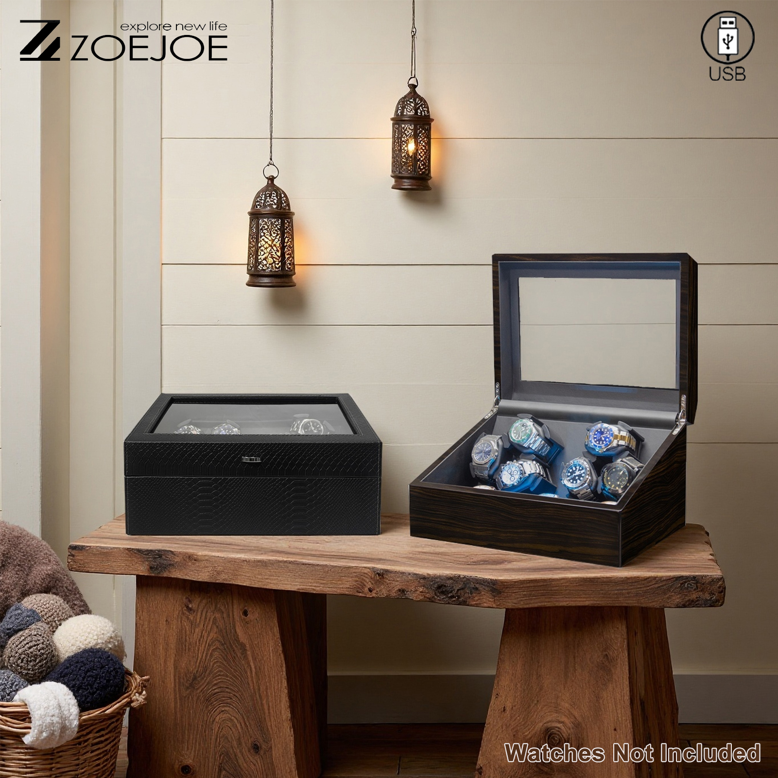 ZOEJOE Automatic Watch Winder Pu Leather USB Cable Low Noise Wath Storage Box With Light Birthday Gifts For Men Women