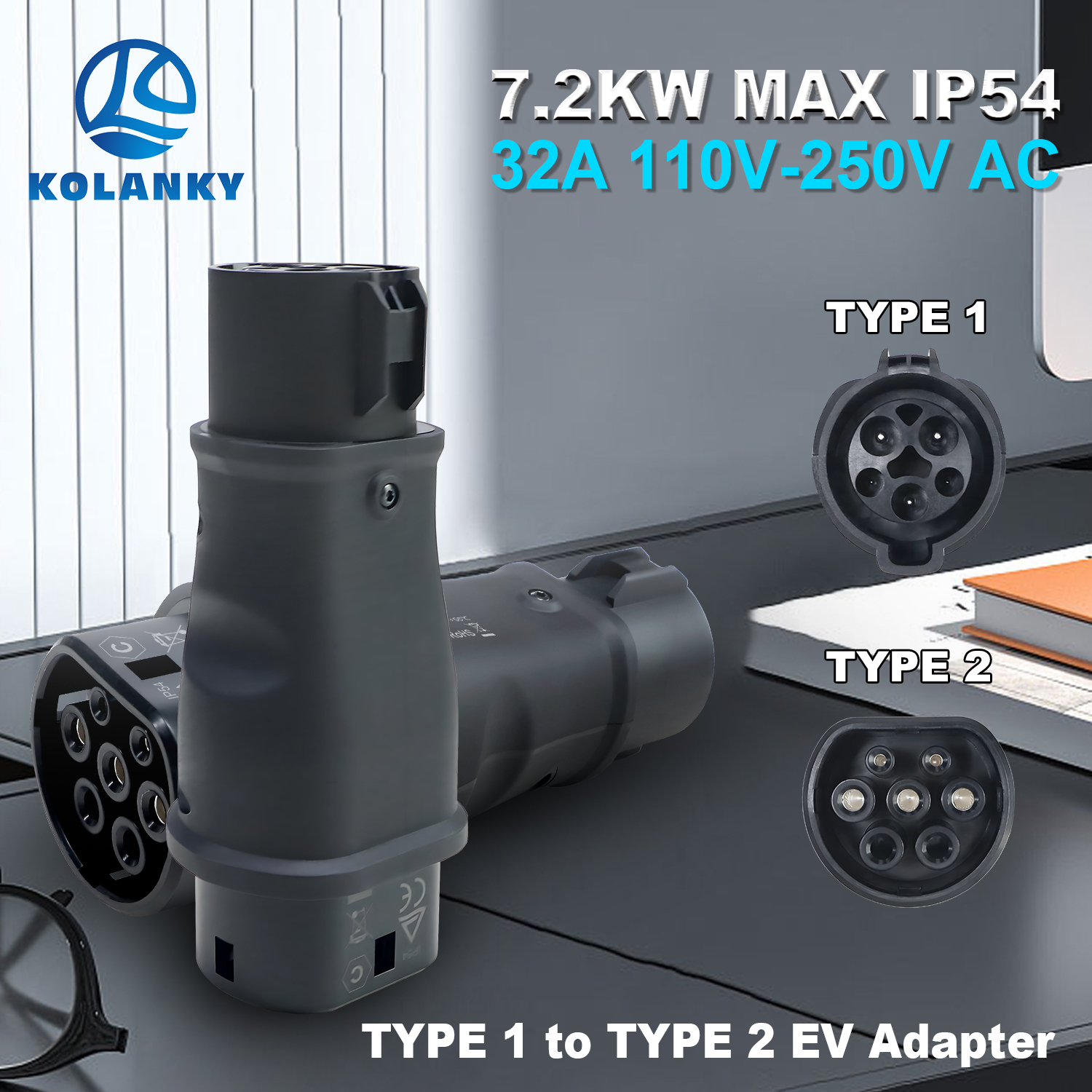 Kolanky EV 充電器アダプタ 32A 7.2KW SAE J1772 プラグタイプ 1 からタイプ 2 ソケットコンバータタイプ 2 電気自動車充電車用