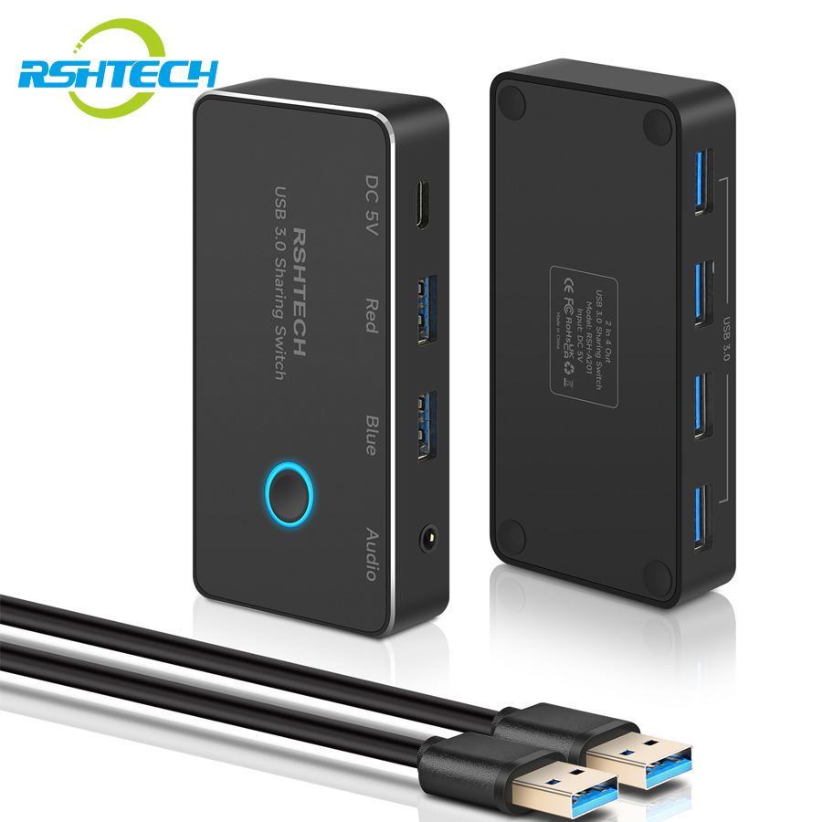 RSHTECH USB 3.0 ハブ スイッチ セレクター 4 USB 3.0 ポート付き アルミニウム 2 台のコンピューターで 5 つの周辺機器を共有 USB KM スイッチャー ハブ