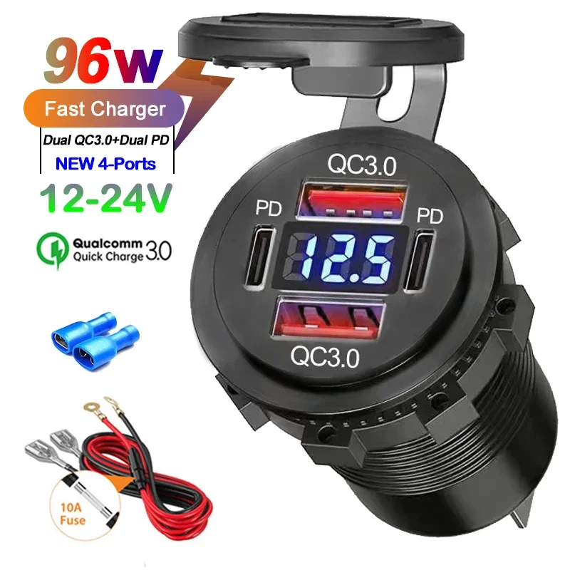 新しい 96 ワットデュアル PD デュアル QC 3.0 USB 車の充電器電圧計ソケット電源コンセントアダプタ防水 12 V/24 V 車ボートホットセール