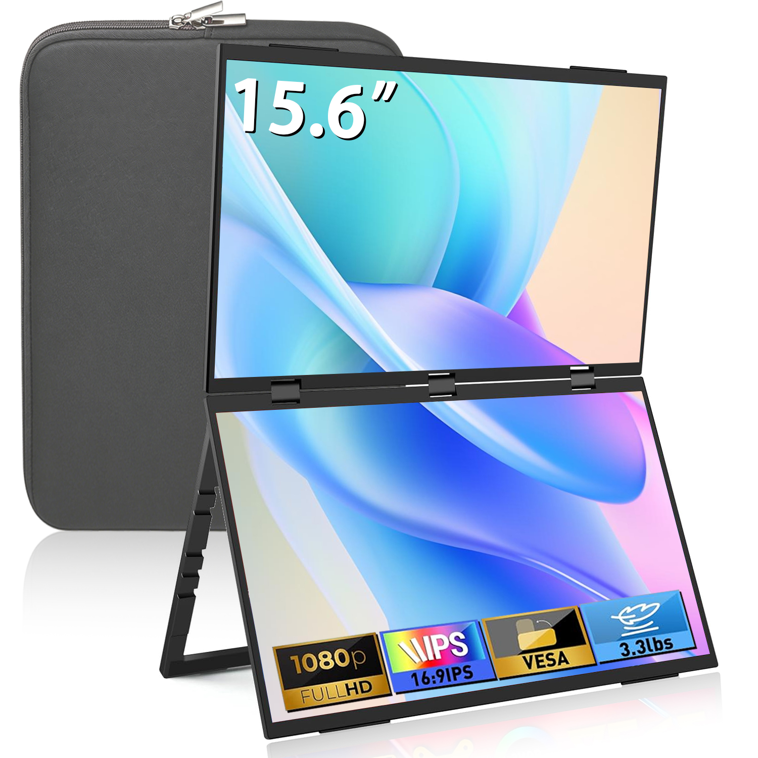 15.6 インチ折りたたみ式デュアルポータ​​ブルモニター 1920*1080 FHD IPS スクリーン 72% sRGB 広色域 Type-C HDMI デュアル拡張ディスプレイ