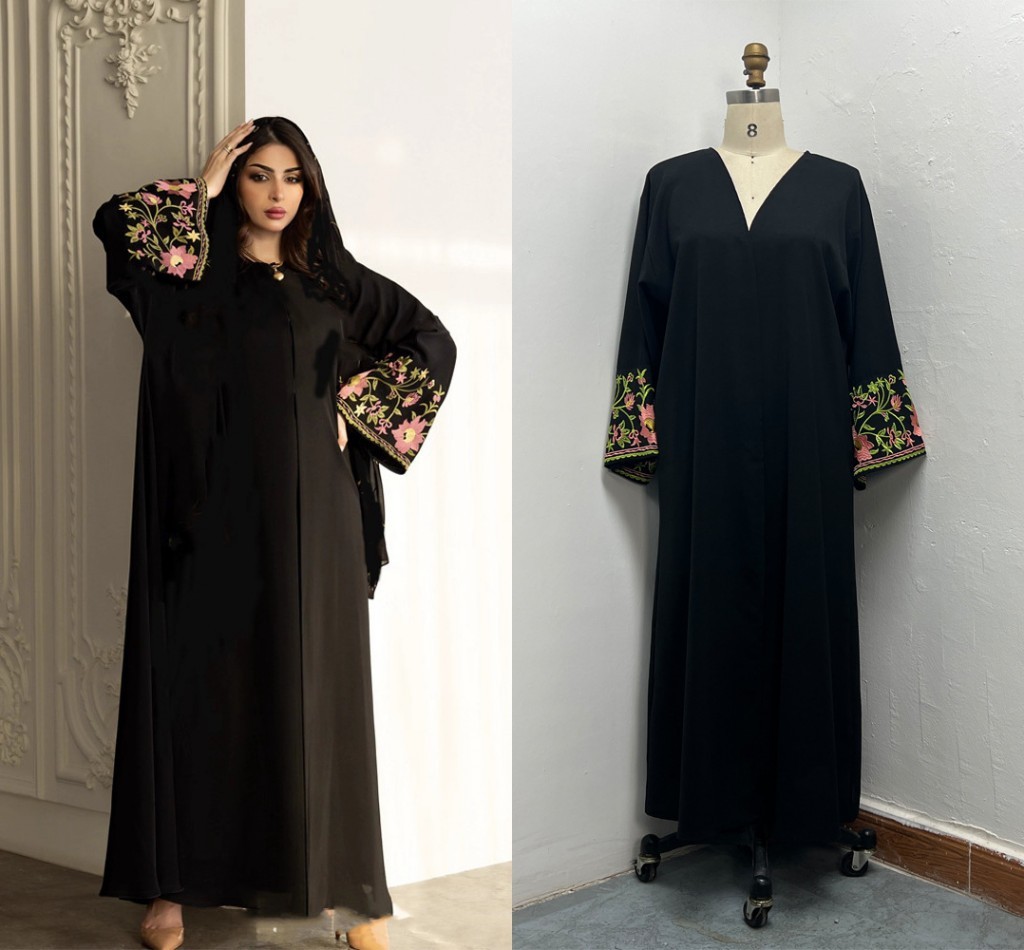 ファッションイード女性アバヤスカーフイスラム刺繍花ルースローブルースアラブパーティードレスイスラム服