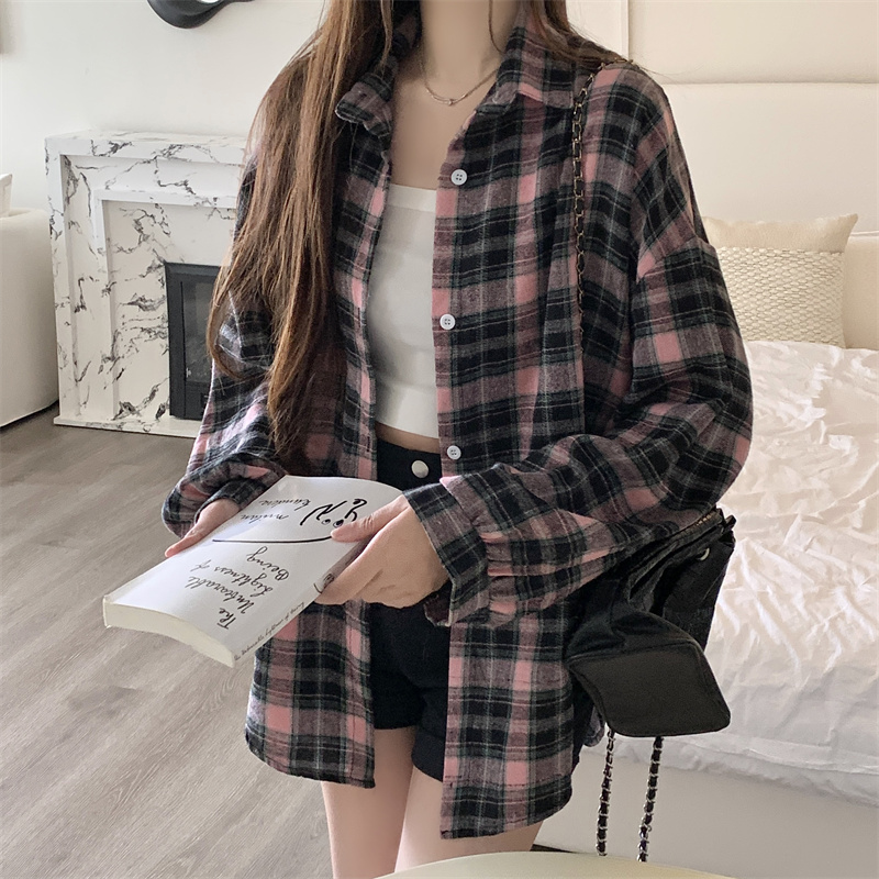 女性タータンチェックシャツ長袖襟ボタンアップ特大チェック柄シャツフランネルジャケットグランジ十代の少女春夏衣装