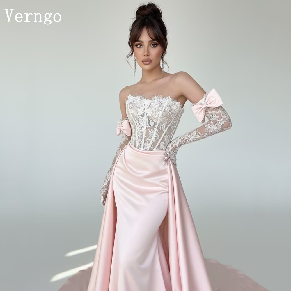 Verngo エレガントなピンクサテンのイブニングドレスストラップレスマーメイドフォーマルイベントドレスレースプリンセスウエディングドレスカスタマイズ