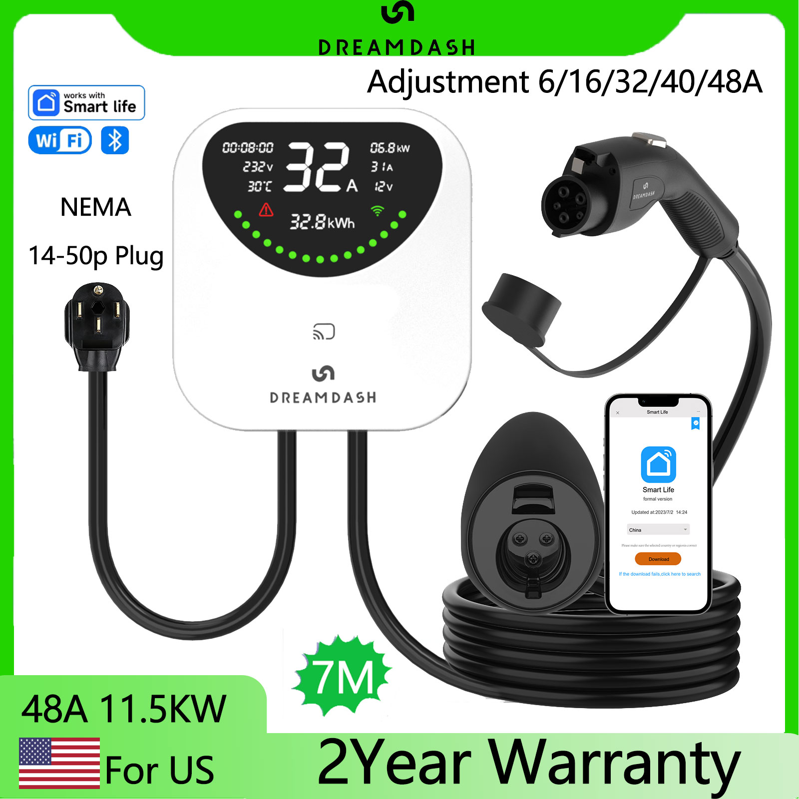 Dreamdash 48A レベル 2 EV 充電器 11.5kW WiFi スマート電気自動車充電ステーション屋内屋外 J1772 25 フィート調整 6-48A