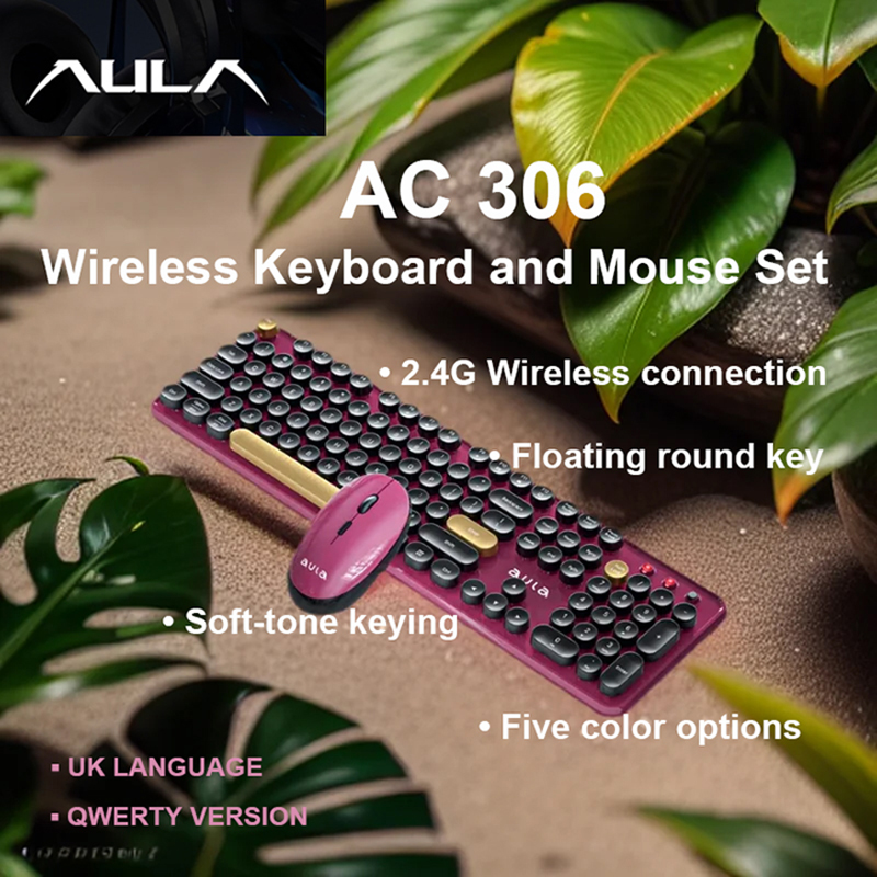 AULA AC306 ワイヤレス キーボードとマウス コンボ レトロ ラウンド キー キャップ フルサイズ 104 キー ラップトップ オフィス エンターテイメント用