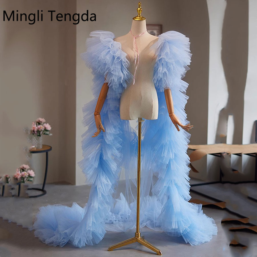 Mingli Tengda 花嫁ショール Sky Bule エレガントな女性ボレロ Lrregular チュールマントカバーアームケープウェディングアクセサリー視点