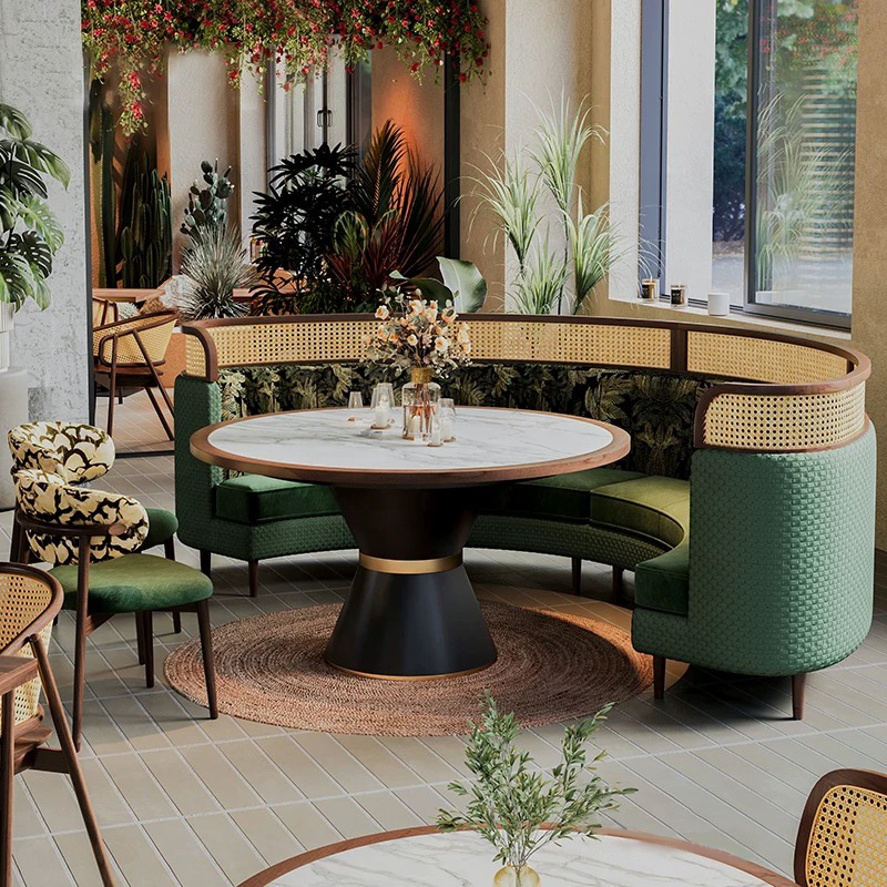 Restaurant Sofa,Outdoor Semi Circle Booth Seating Sofa Bench Commercial Rattan Restaurant Patio Furniture Cafe Wood Dining Table