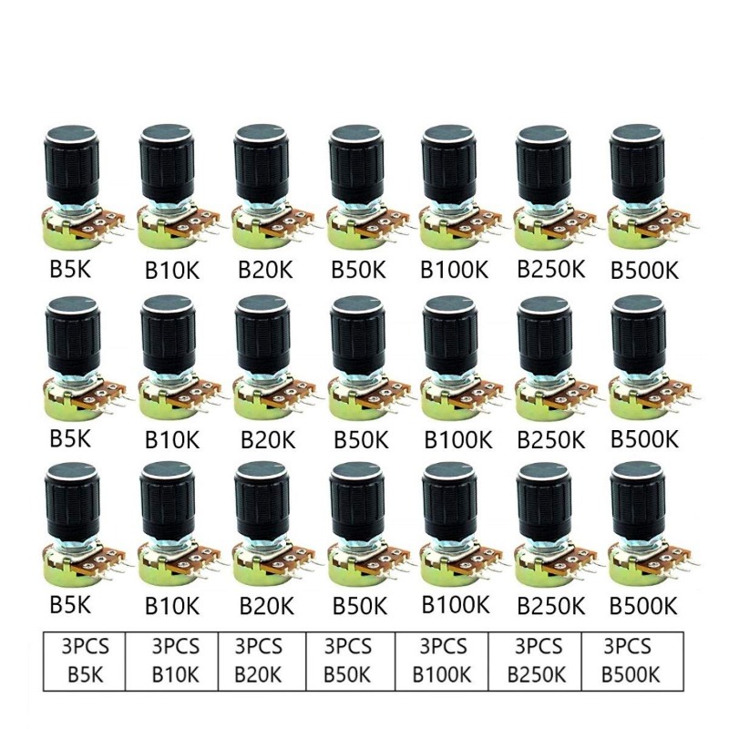 21 個 B5K B10K B20K B50K B100K B250K B500K WH148 20 ミリメートルロータリーポテンショメータリニアポテンショメータキットアルミ合金ノブ付き