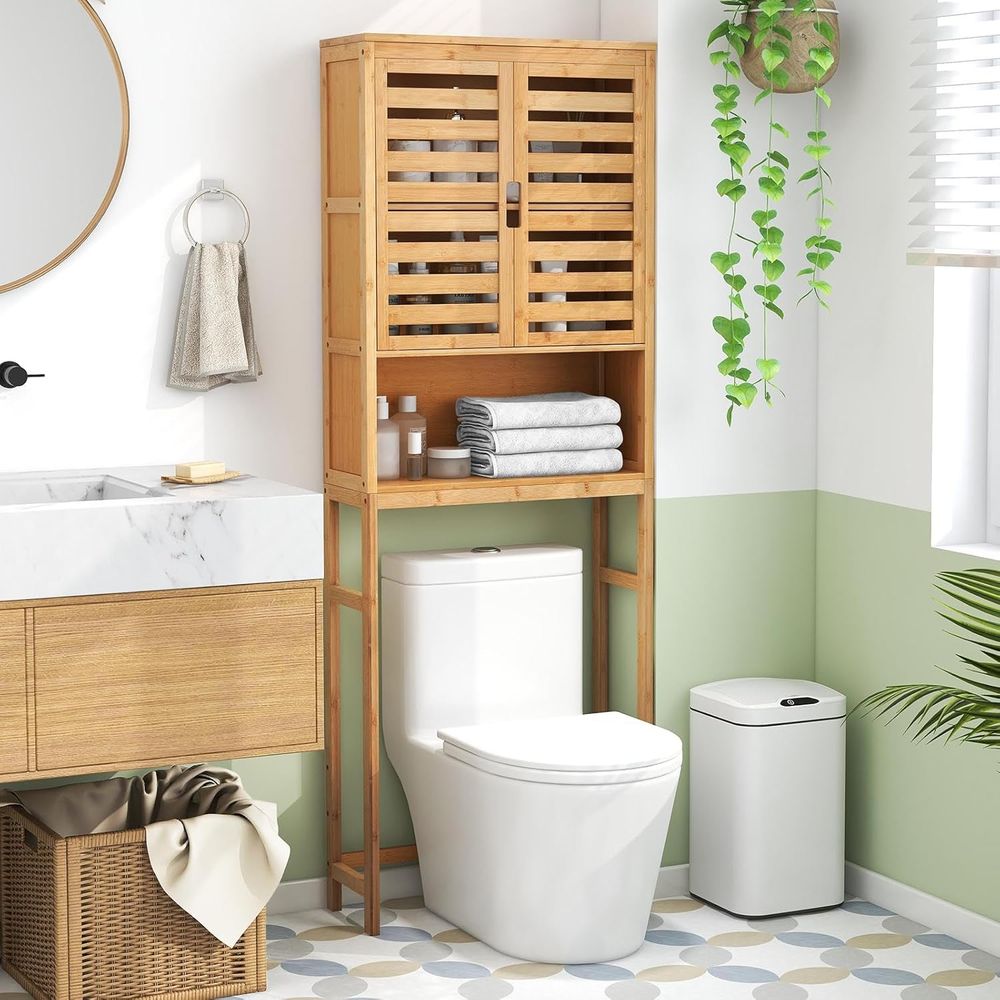 天然竹製トイレ収納キャビネット 2 つの調節可能な棚付き バスルームとランドリー用
