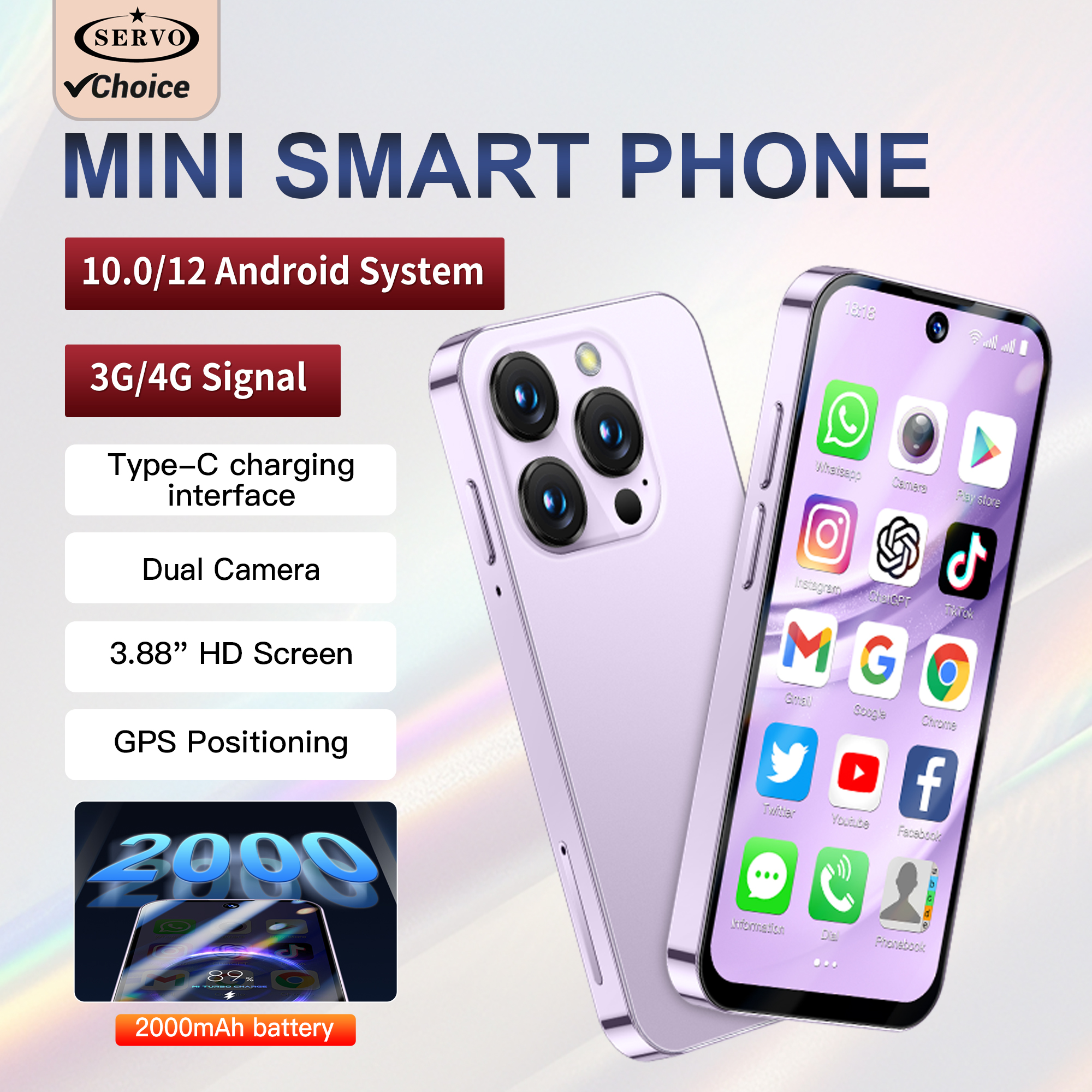 SERVO ミニ Android スマートフォン 3.88 インチディスプレイ、4G LTE/3G WCDMA、4GB 128GB/2GB 16GB、2000mAh バッテリーカメラ小型携帯電話 Type-C
