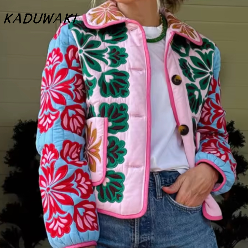 KADUWAKI ファッションプリントパネルキルティングコットンジャケット長袖ポケットカーディガンコート秋冬デイリーカジュアルトップスアウター