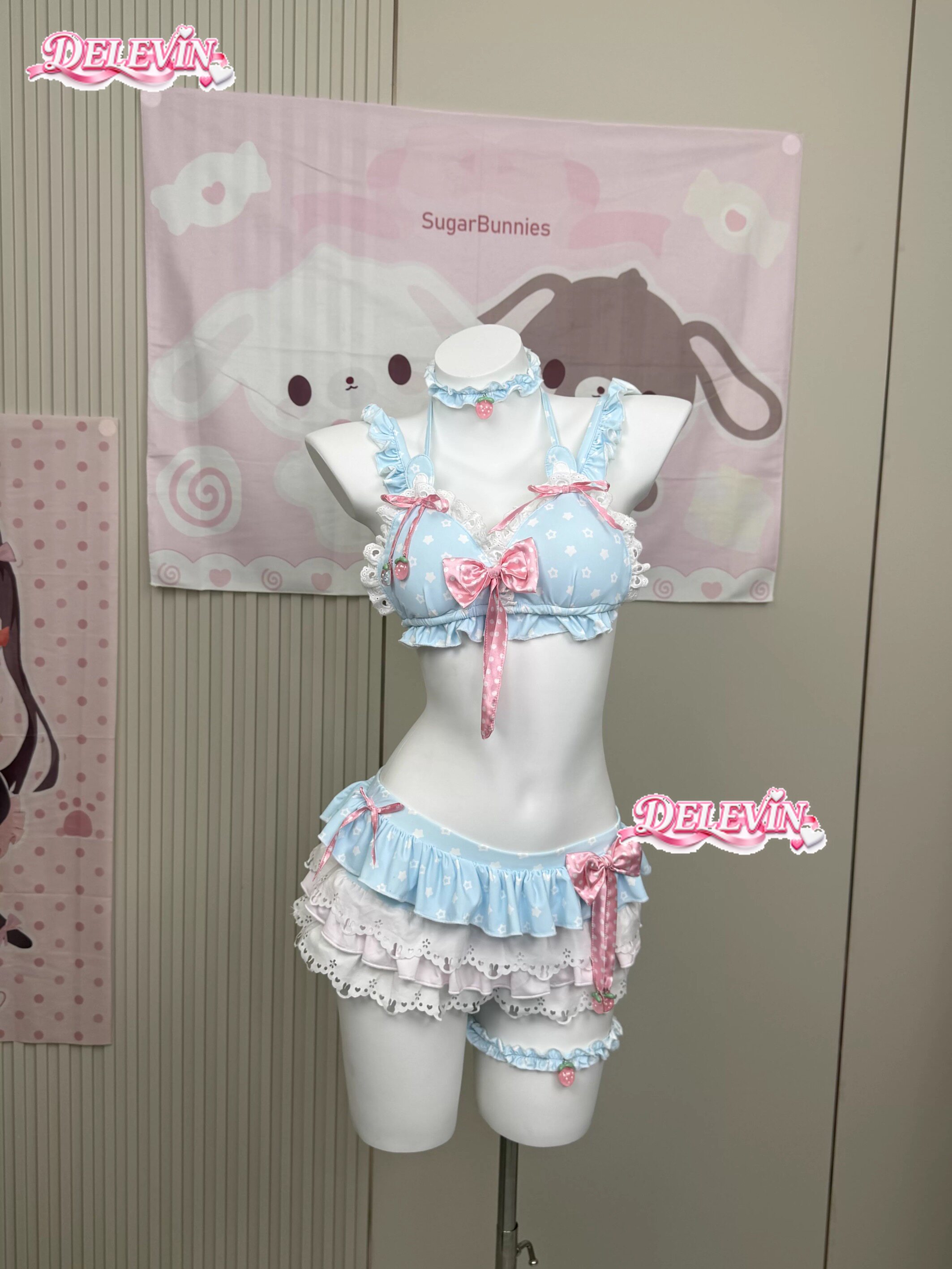 かわいいかわいいロリータビキニセット夏の新しい甘いスプリット水着ツーピースセットかわいいイチゴ水着セクシーなビキニ水着セット