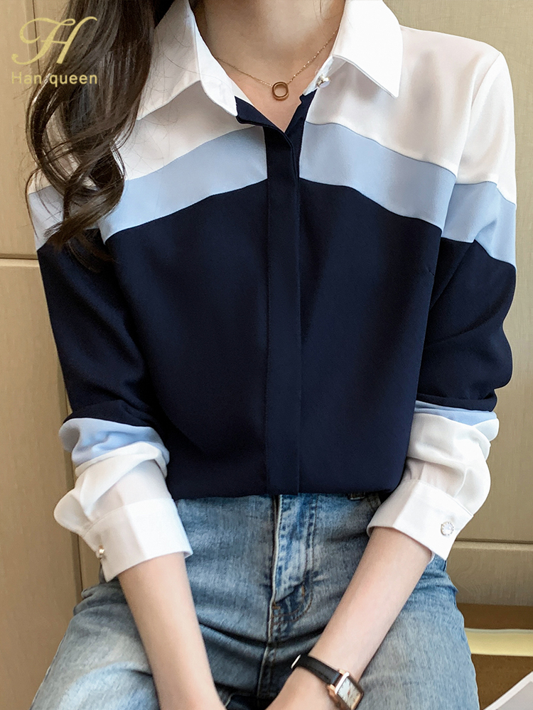 H ハン女王新しい秋の女性ヴィンテージカラーコントラストレディーストップスシフォン長袖カジュアルブラウス女性の仕事オフィスシャツ
