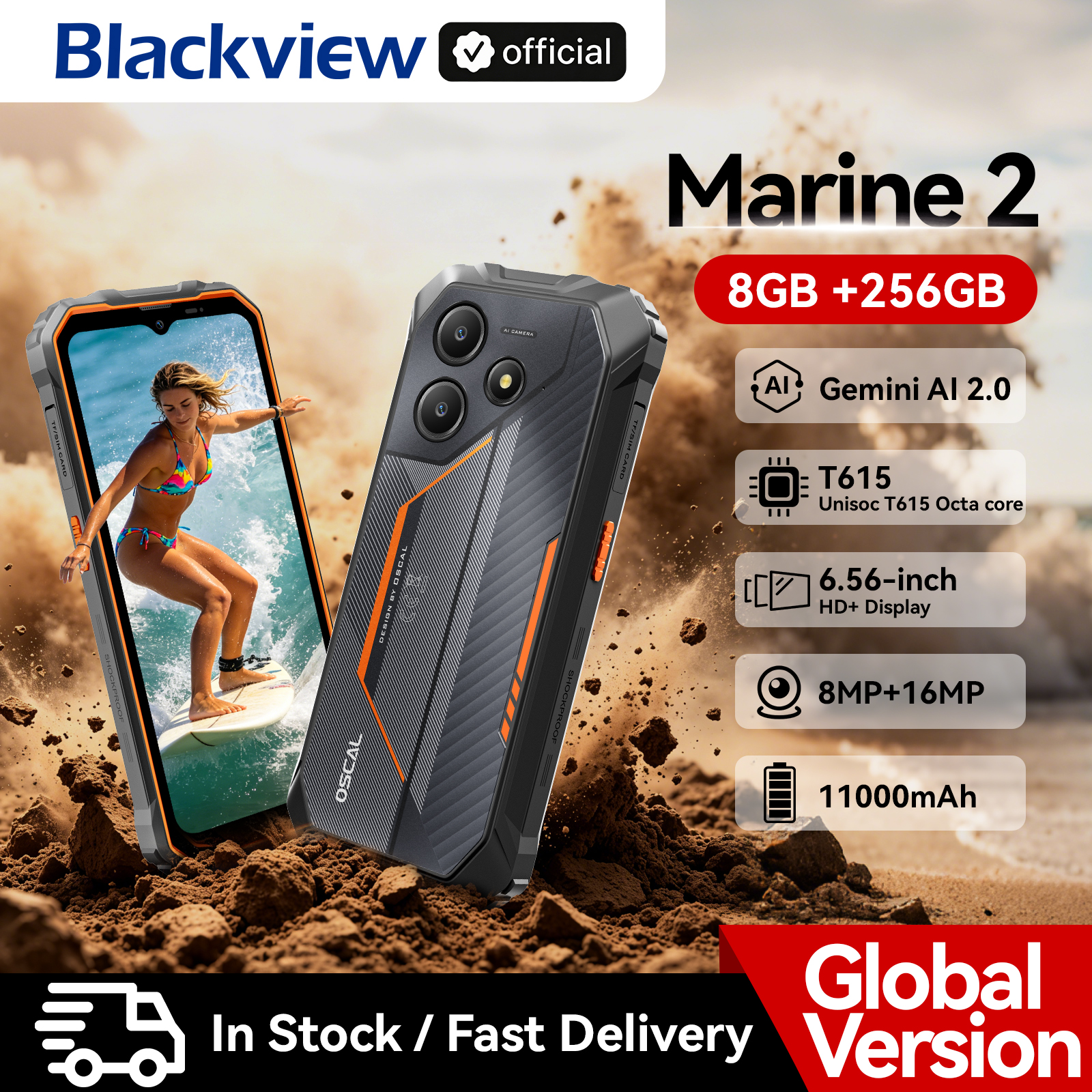 Blackview OSCAL Marine 2 頑丈なスマートフォン AI、6.56 インチ HD ディスプレイ、Unisoc T615、8GB 128GB、11000mAh、Android 15 電話 NFC