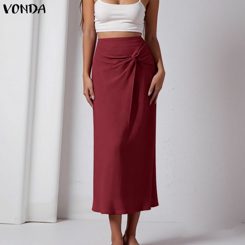 VONDA 夏スカート無地女性ロングスカート OL 作業パーティーカジュアルミディスカートストリート Vestidos 女性のファッションボトムス