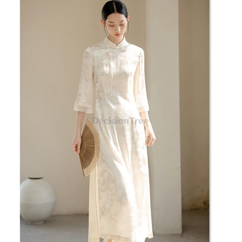 ホワイト Aodai ベトナム服チャイナセット Aodai ベトナムドレスベトナム女性の伝統的な袍半袖チャイナドレス