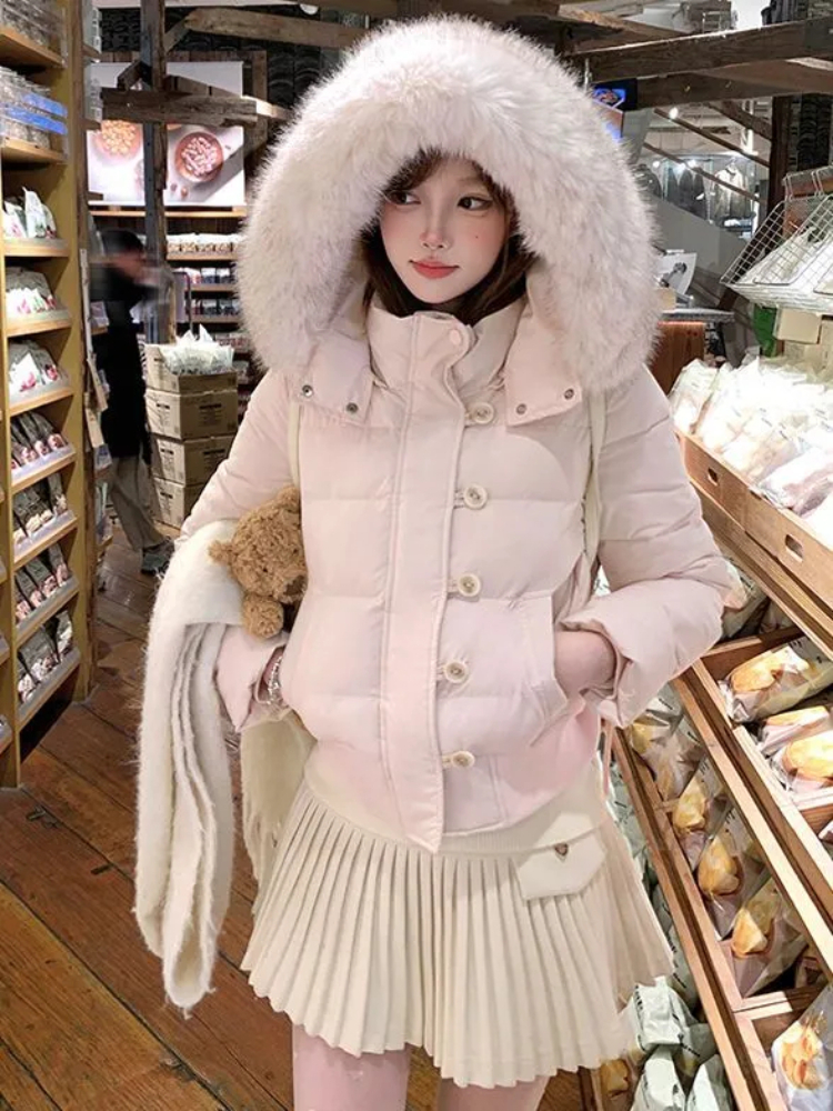 冬の韓国ヴィンテージショートジッパーパッド入りコート女性美的デザイン長袖毛皮の襟の上着カジュアルレトロスリムジャケット