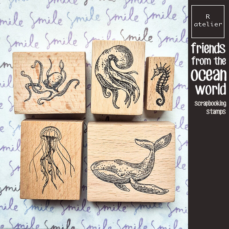 海の生き物スタンプ スクラップブッキングジャーナリング 日記装飾 カワイイ タツノオトシゴ クラゲ クジラ 木製スタンプ