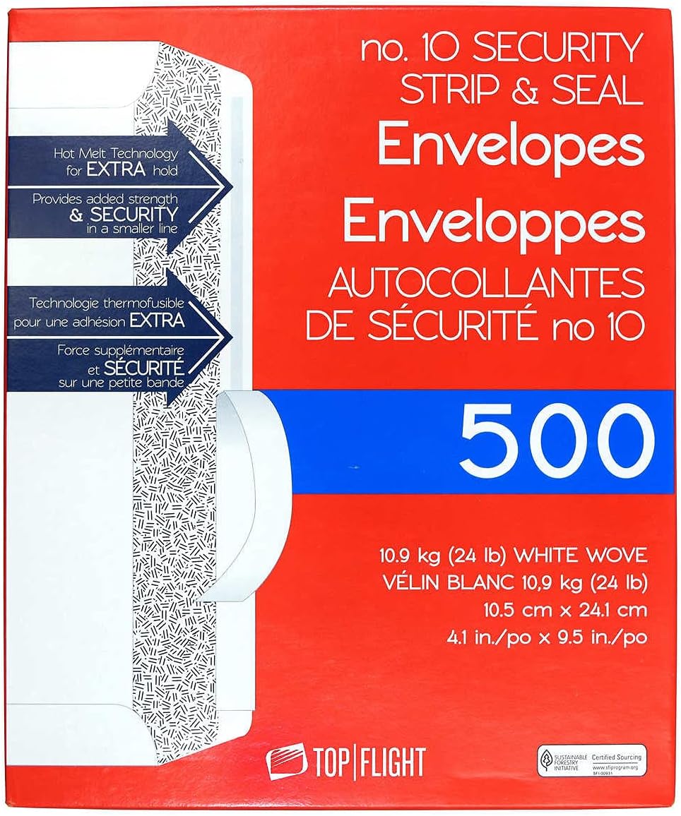 #10 Strip Seal Envelopes Security Tinted White 24 lb Paper Pack of 500