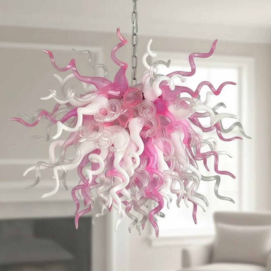 Longree ピンクのガラスのシャンデリア Chihuly にインスピレーションを得た手作りの吹きガラスの照明器具、自宅の寝室、リビングルーム用