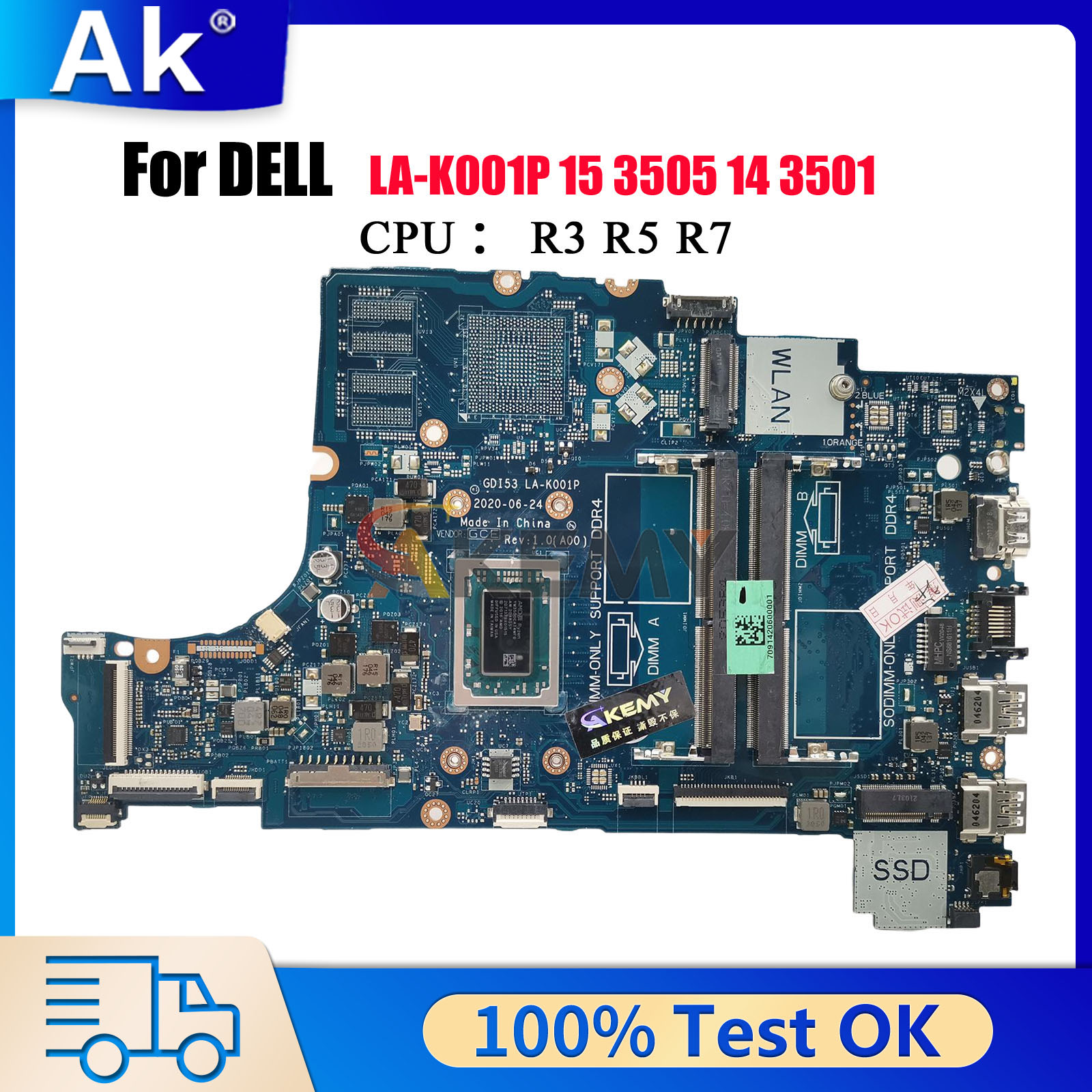 LA-K001P Mainboard For Dell Inspiron 3505 with R5 R7 CPU 0GWD64 0P92W5 05HPX6 100% Fully Tested