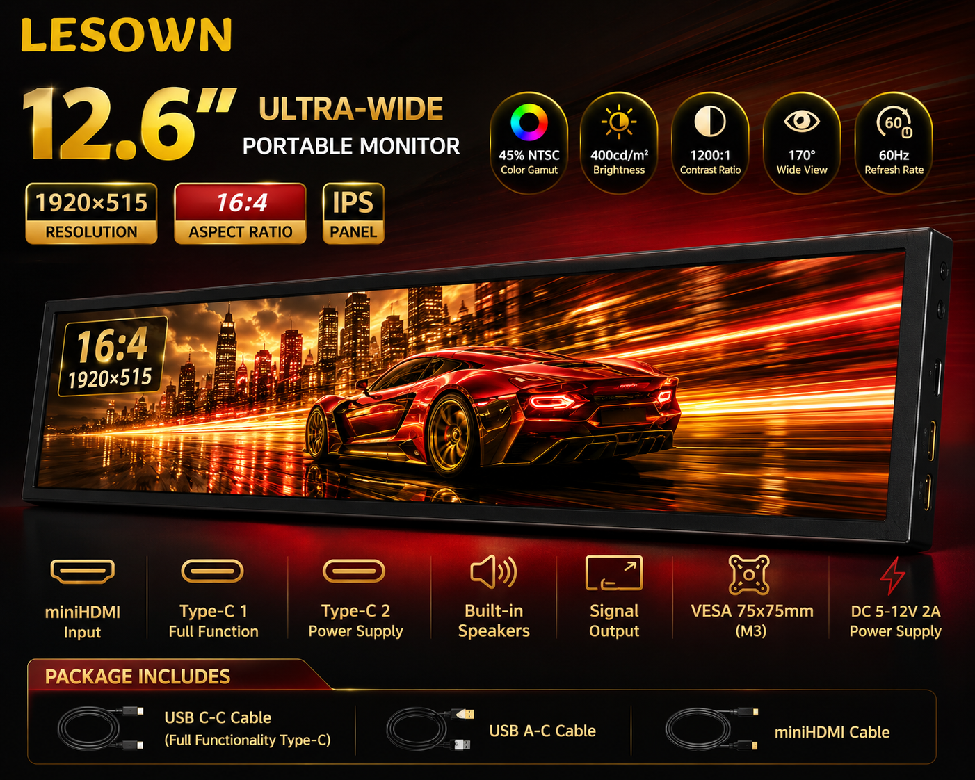 LESOWN 12.6 インチ ストレッチ LCD バー モニター 1920x515 16:4 クリエイティブ ワークフロー用外部ディスプレイ