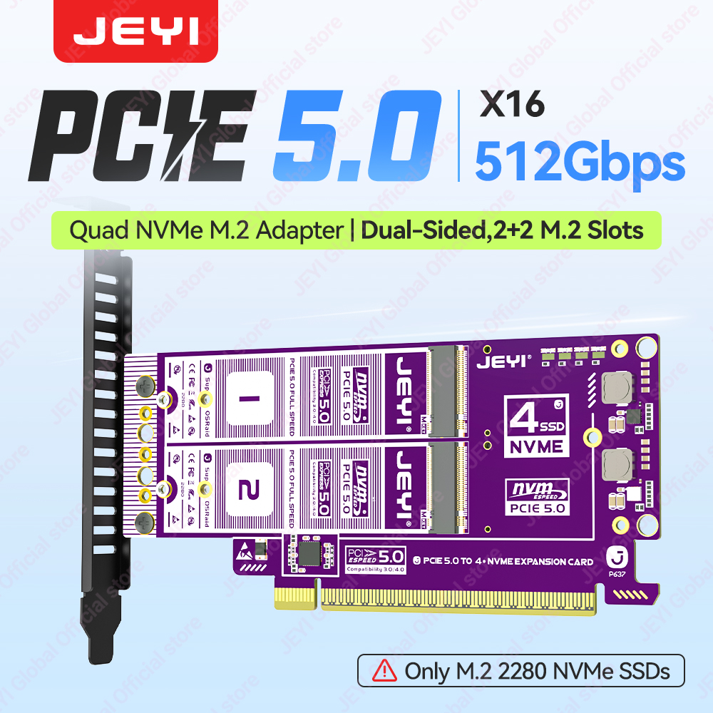 JEYI PCIe 5.0 X16 クアッド M.2 拡張カード 512Gbps サポート RAID 両面スロット アダプターカード SSD あたり 8TB PCIe 4.0/3.0 互換