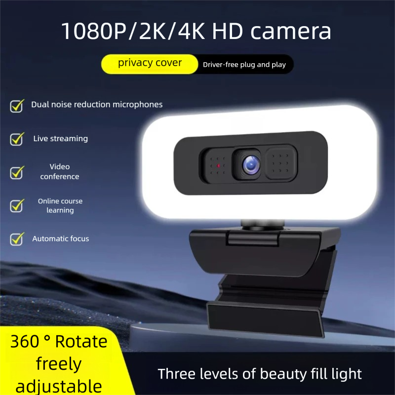 PC用4Kウェブカメラ、ライブストリーミング用ウェブカメラ、LEDフィルライト付き、フルHD 2K 1080Pオートフォーカス、マイク付きコンピューターカメラ