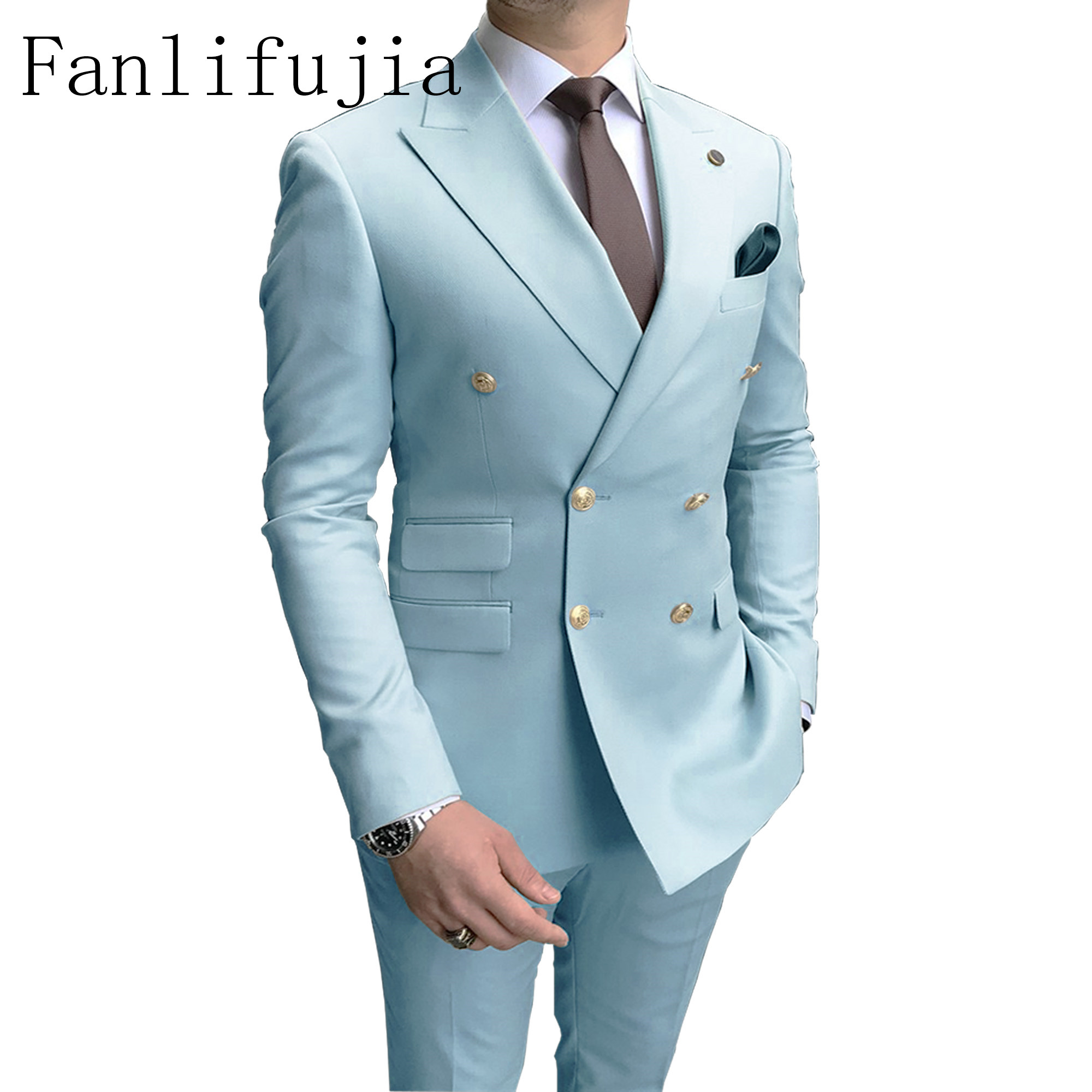 FanliFujia 店 2024 カジュアルスカイブルー男性スーツダブルブレストピークラペルゴールドボタン新郎結婚式のタキシードベスト衣装オム