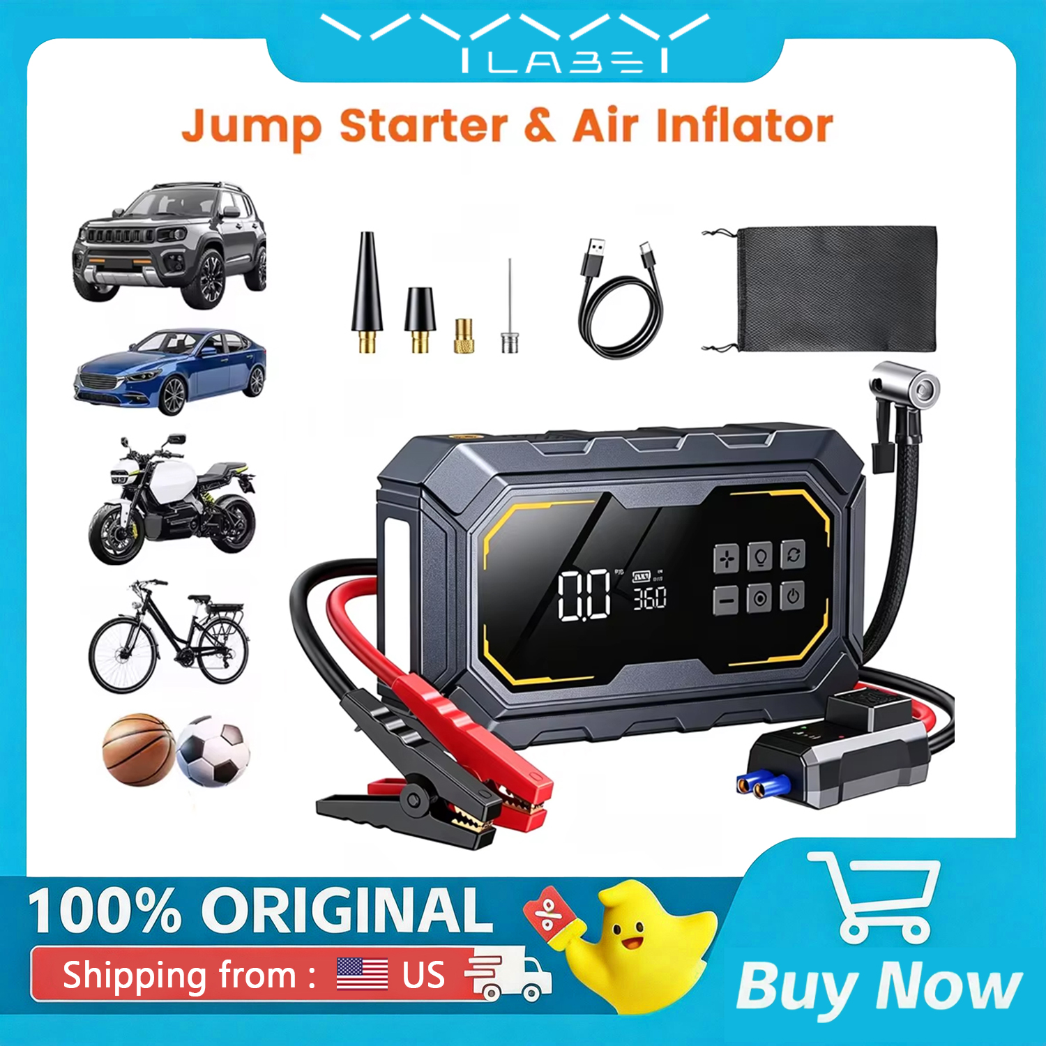 Vyvylabs 12v 車ジャンプスターター電源エアコンプレッサー 6000mAh 銀行ポータブルワイヤレスエアポンプ自動緊急ブースタースターター