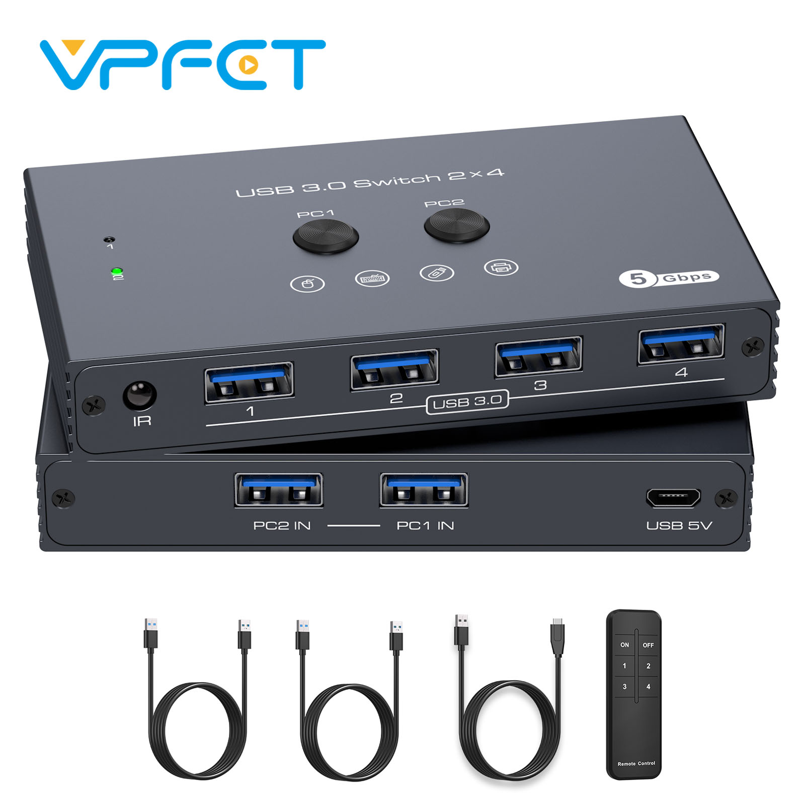 VPFET USB スイッチ 2/3 PC 共有 4 デバイス 2×4 および 3×4 高速ハブ、キーボード、マウス、プリンター、スキャナー用のリモコン付き