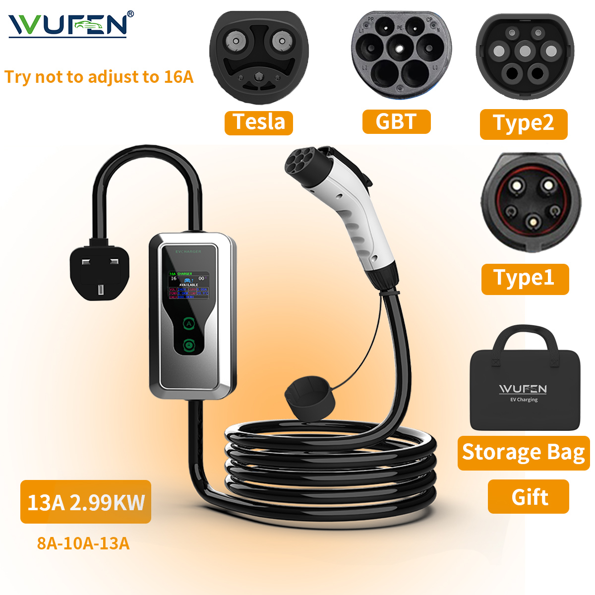 WUFEN 英国プラグ Type2 GBT Type1 NACS EV 充電器 2.99KW EVSE 車の家庭用充電ポータブル 8/10/13A 家庭用屋外使用のために調整可能