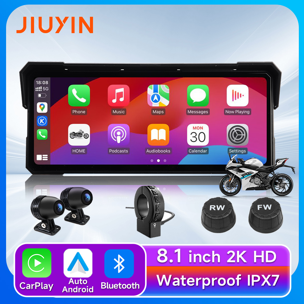 8.1 インチオートバイ GPS ナビゲーションワイヤレス Carplay Android オート IPX7 防水 2K DVR ドライブレコーダーモトモニター WIFI BT