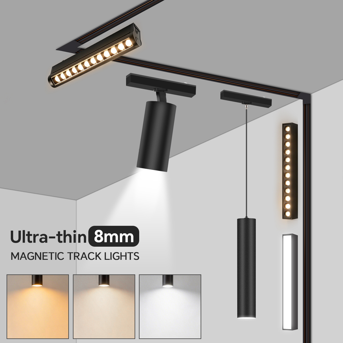 3 色 CCT 調光可能な超薄型磁気 LED トラックライト表面実装天井ランプ黒 8 ミリメートルレール現代洪水グリルスポットライト